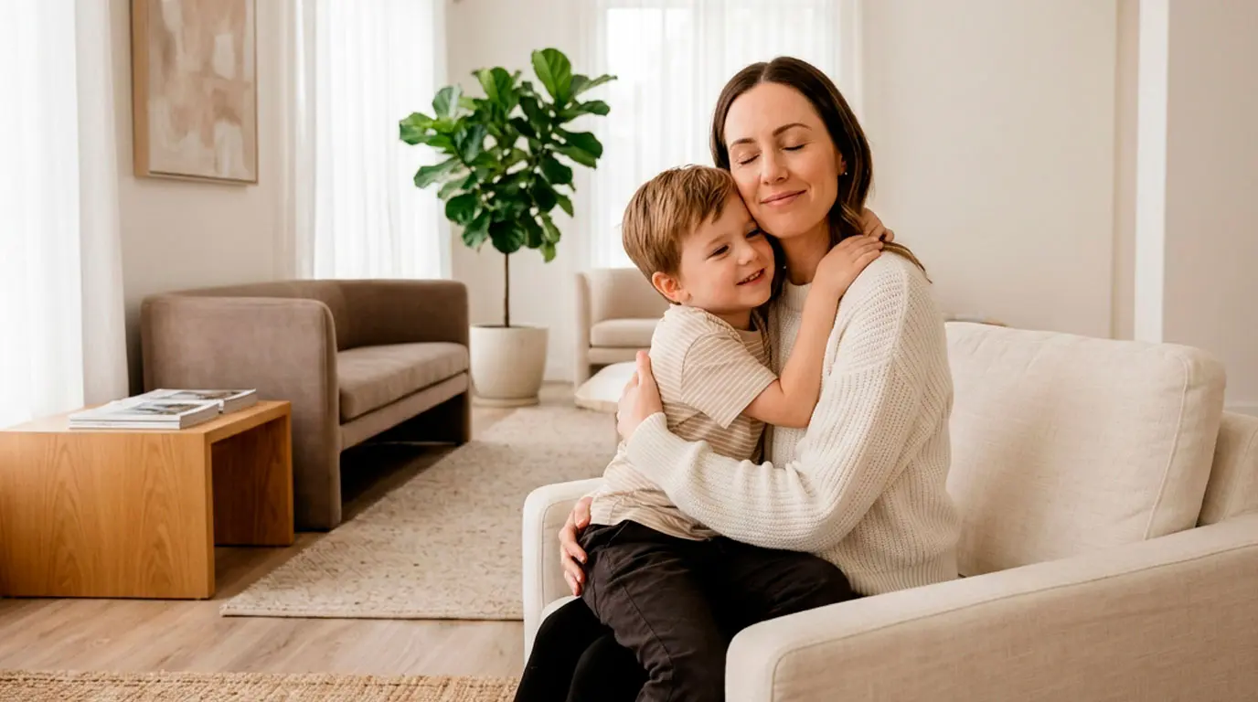 Mãe abraçando seu filho feliz na recepção da clínica, transmitindo a paz e a segurança que os pais e as crianças sentem ao escolher os cuidados da equipe da Orizon Odontologia.